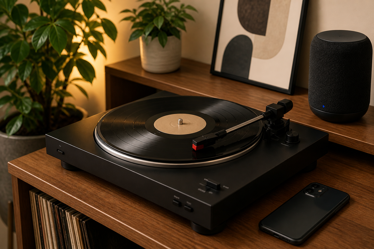 Texte alternatif : Platine vinyle Bluetooth avec enceinte et smartphone