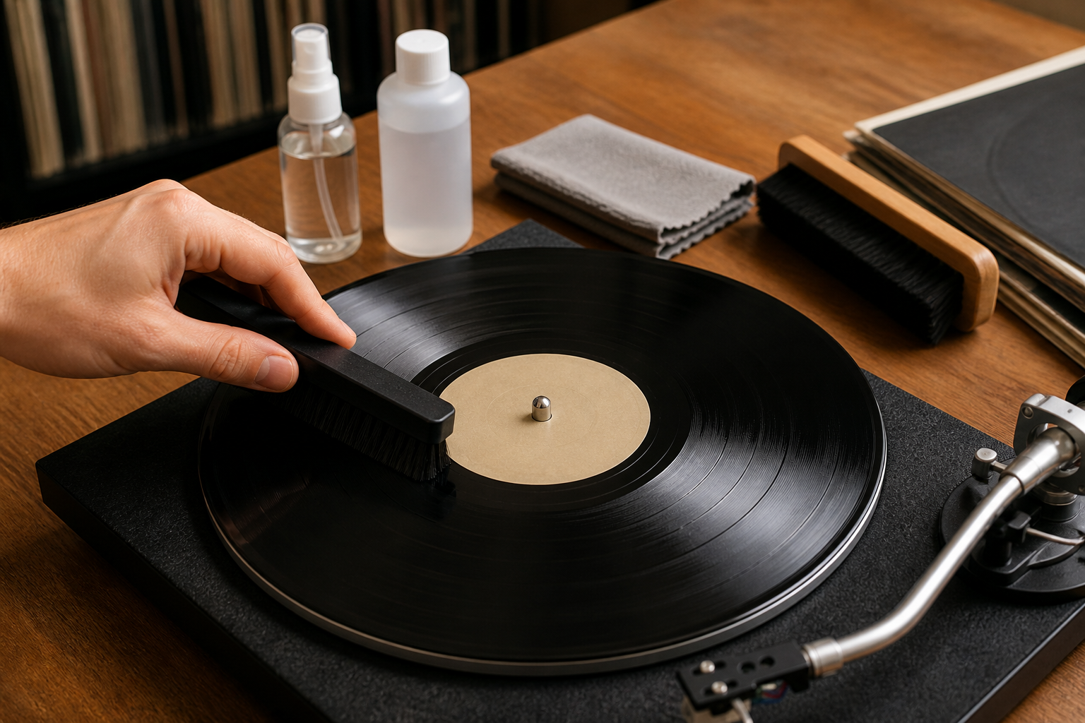 Nettoyage de disques vinyles avec une brosse antistatique